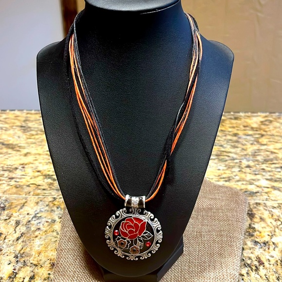 Marie MultiStrand Rose Medallion Necklace with rhinestones - Picture 2 of 7